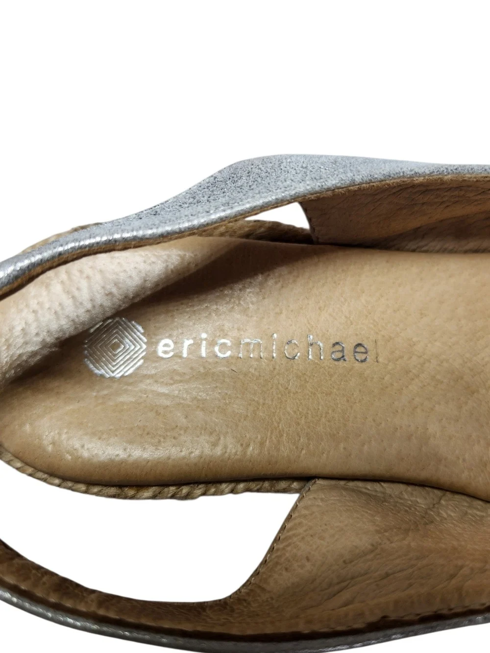 Eric Michael Silver Metallic Leather Espadrille Wedge Slingback Sandals Pom 6.5